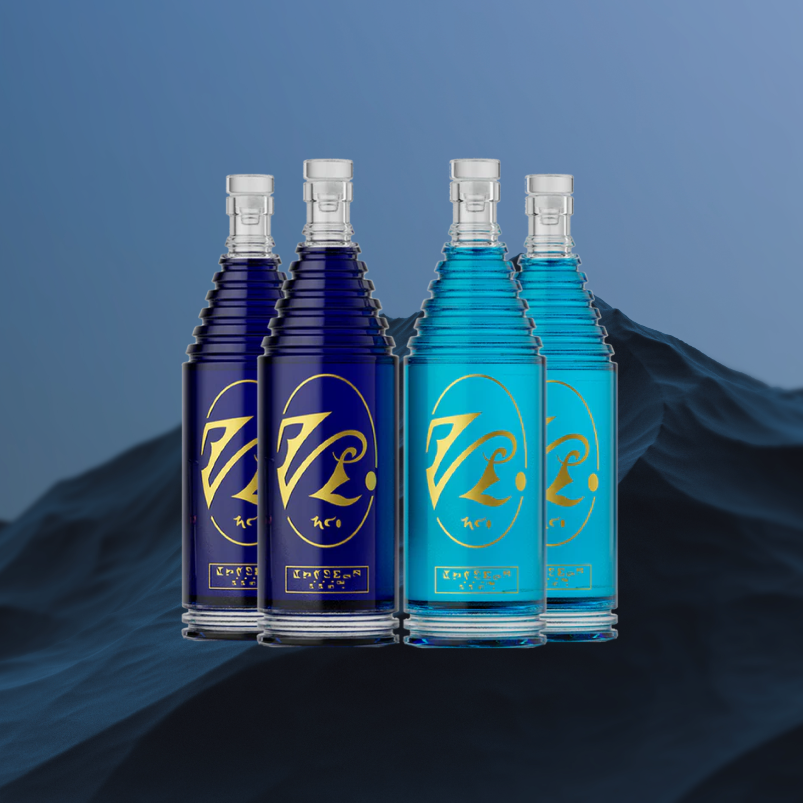 4 bottles of spirits against blue mountain background